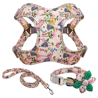 Dog Harness with Leash Flower Printed Dog Collar Harness Leash Set Nylon Small Medium Large Dogs