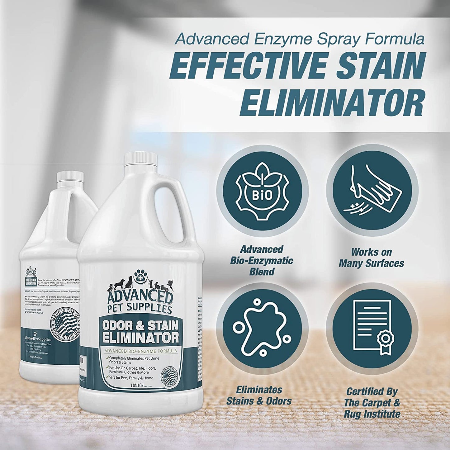 Odor Eliminator and Stain Remover Carpet Cleaner with Odor Control Technology, Professional Strength Enzymatic Solution, Natural Enzymes for Carpet and Hardwood Floors (Gallon)