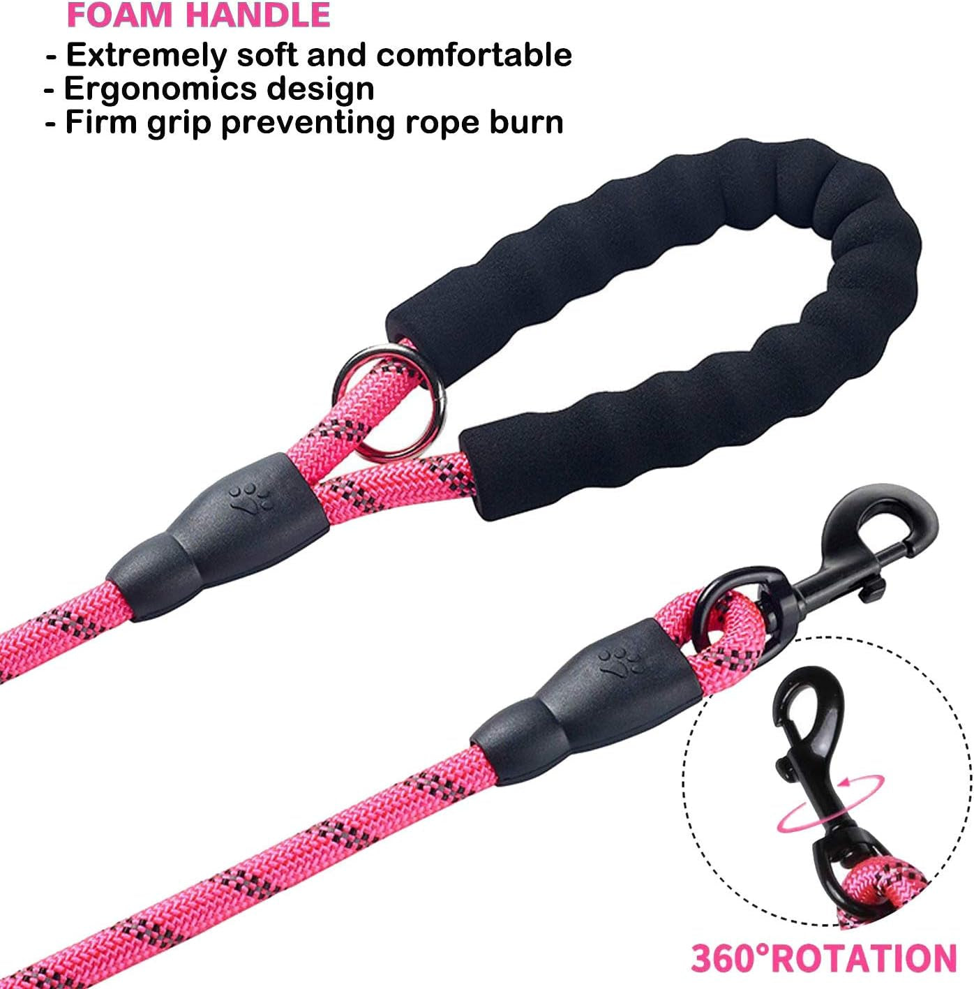 Dog Leash,5 FT Heavy Duty Double Handle Dog Leash with Comfortable Padded and Reflective,Rope Dog Leashes for Small,Medium,Large Dogs (Rope-Pink)