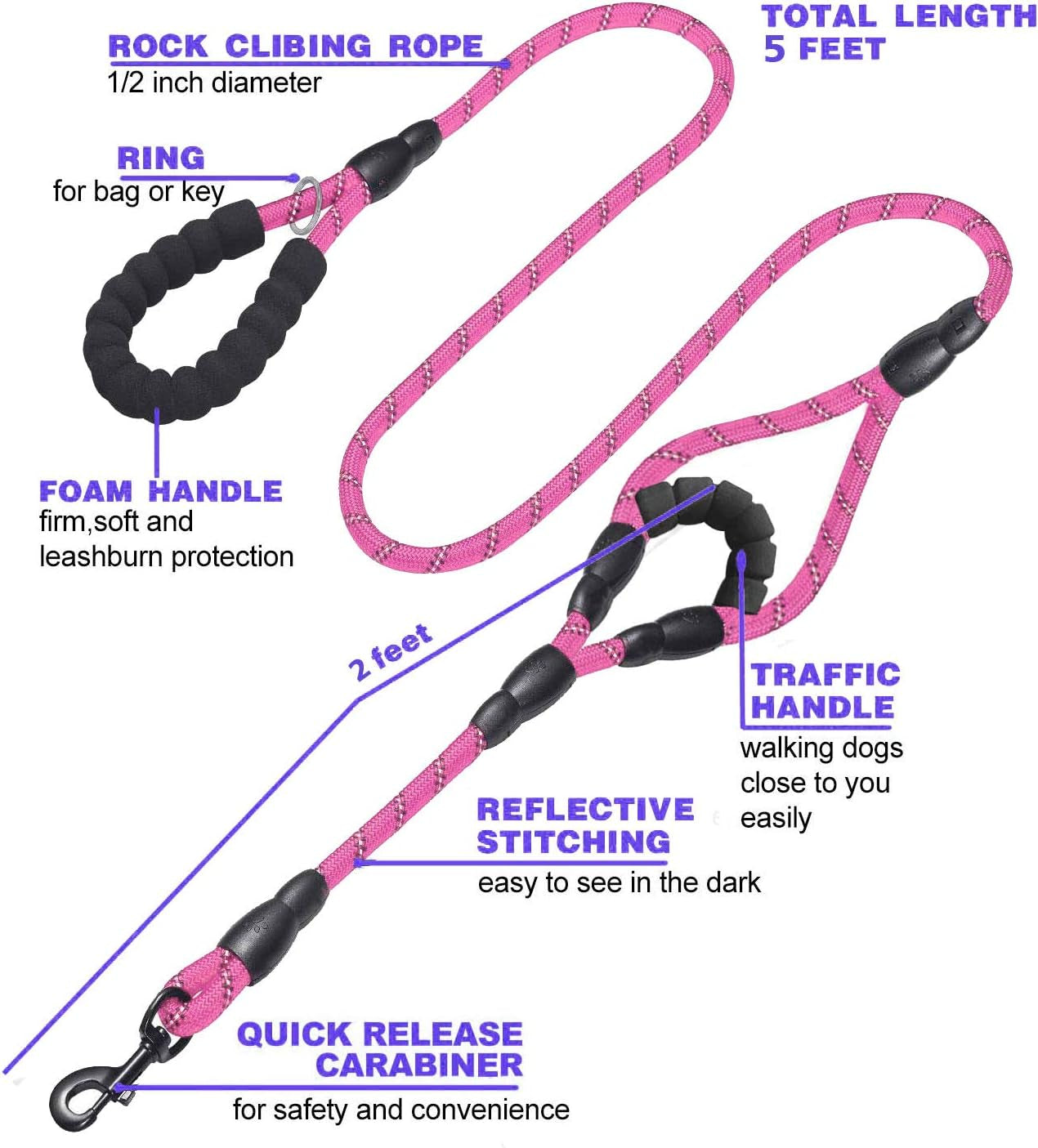 Dog Leash,5 FT Heavy Duty Double Handle Dog Leash with Comfortable Padded and Reflective,Rope Dog Leashes for Small,Medium,Large Dogs (Rope-Pink)