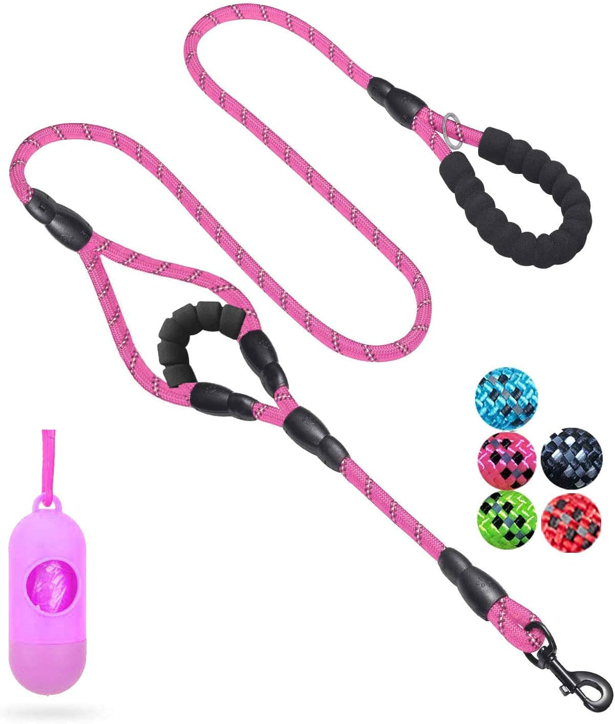 Dog Leash,5 FT Heavy Duty Double Handle Dog Leash with Comfortable Padded and Reflective,Rope Dog Leashes for Small,Medium,Large Dogs (Rope-Pink)