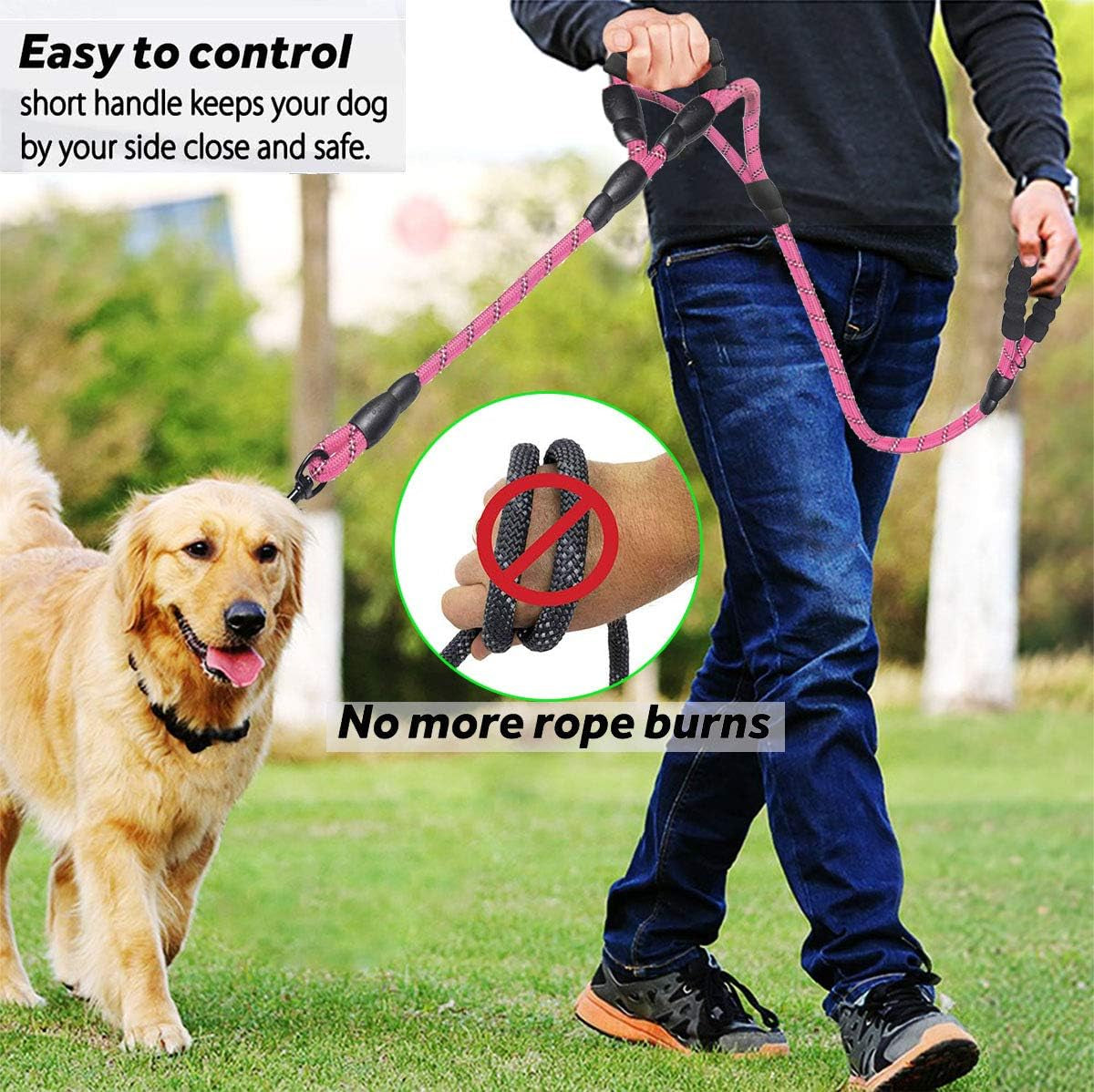 Dog Leash,5 FT Heavy Duty Double Handle Dog Leash with Comfortable Padded and Reflective,Rope Dog Leashes for Small,Medium,Large Dogs (Rope-Pink)