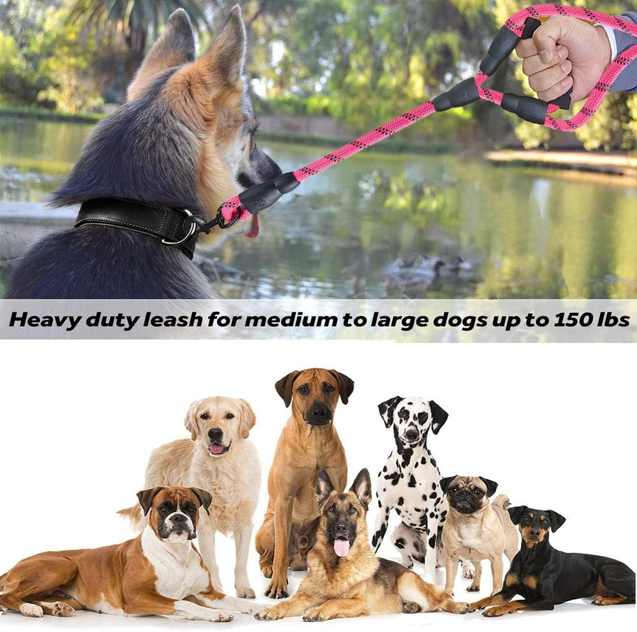 Dog Leash,5 FT Heavy Duty Double Handle Dog Leash with Comfortable Padded and Reflective,Rope Dog Leashes for Small,Medium,Large Dogs (Rope-Pink)