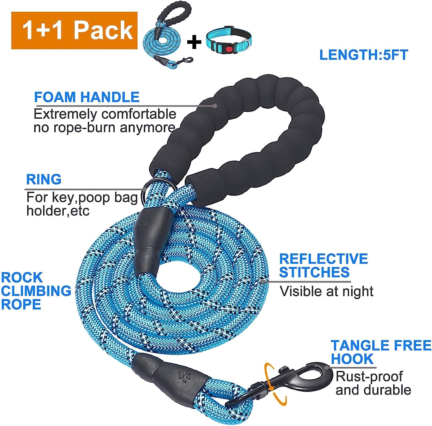 5 FT Strong Dog Leash with Comfortable Padded Handle and Highly Reflective Threads Dog Leashes for Small Medium Large Dogs with a Free Matching Dog Collar